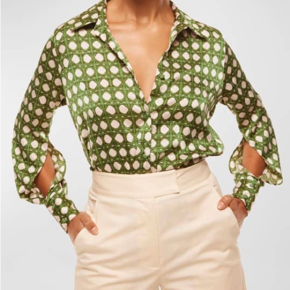 Misa Los Angeles Green and Cream Patterned Button-Up Blouse